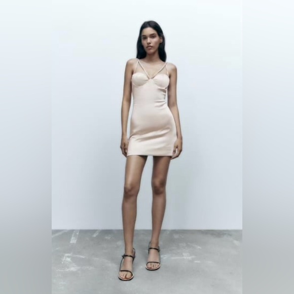 Zara Strappy Corset Pearl Grey Satin Mini Dress - Picture 1 of 9